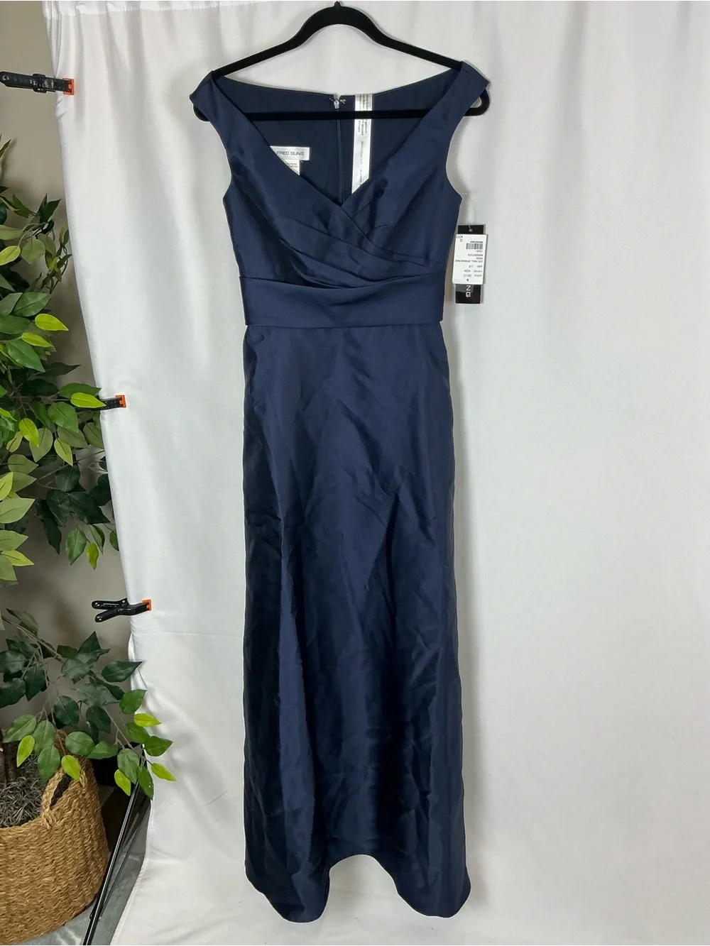 ALFRED SUNG Midnight Navy Off-the-Shoulder Satin Maxi Dress - Picture 2 of 8